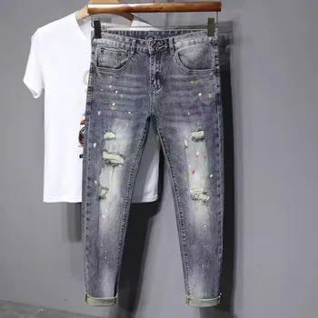 Лидер продаж 2023 года, Роскошные Повседневные джинсы в стиле Хип-хоп для Мужчин, Модные Облегающие Ковбойские брюки в корейском стиле из Рваного Денима с принтом в горошек