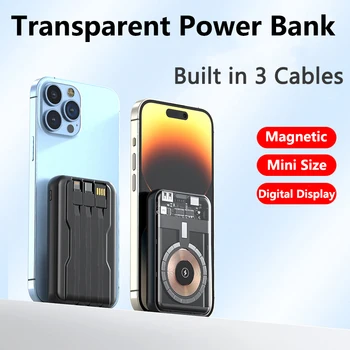 Магнитное беспроводное зарядное устройство Qi емкостью 20000 мАч Power Bank со встроенным кабелем Портативный Powerbank для iPhone 15 Samsung Huawei Xiaomi Повербанк