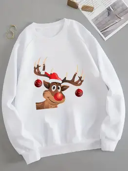 Милые женские пуловеры 90-х с оленями, повседневные пуловеры с круглым вырезом, Праздничная одежда с Рождеством, Новогодние женские флисовые свитшоты с графическим рисунком