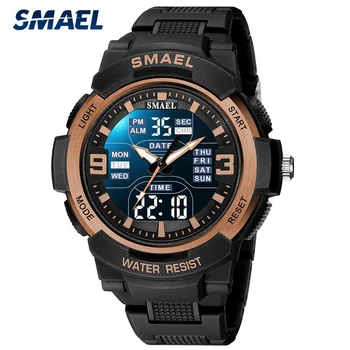 Модные мужские брендовые часы SMAEL, спортивные Водонепроницаемые силиконовые военные наручные часы, мужские цифровые часы с секундомером с двойным дисплеем