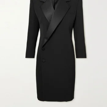 Модный черный шерстяной костюм средней длины; куртка для подиума; однобортный темпераментный блейзер с лацканами; пальто; Элегантная женская одежда высокого класса.