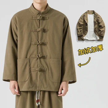 Мужская брендовая одежда, Шерстяное зимнее пальто со стоячим воротником и утолщенным флисом больших размеров, свободные повседневные китайские шерстяные теплые куртки