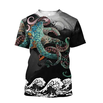 Мужская новая летняя футболка с круглым вырезом и коротким рукавом с 3D-принтом и HD-принтом Ocean Octopus Art Personality в стиле Ретро, свободный топ большого размера