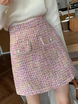 Новая осенне-зимняя маленькая ароматная юбка из яркого шелка с бусинами, женская шерстяная короткая юбка из твида трапециевидной формы с высокой талией