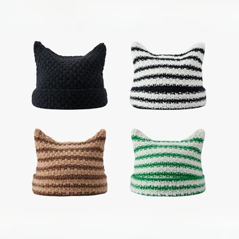 Новая Японско-Корейская вязаная шерстяная шапочка Little Devil в полоску, осенне-зимняя вязаная шапка с милыми кошачьими ушками, остроконечный пуловер, женские шапки
