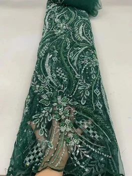 Новейшие Африканские кружева 2023 зеленого цвета Высококачественная Сетчатая ткань с бисером Модная Тюлевая вышивка Французское сетчатое кружево с блестками