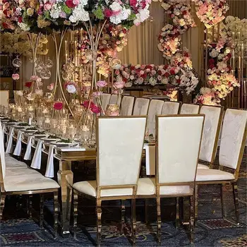 Новый дизайн гостиничного стула с высокой спинкой из золотой нержавеющей стали, роскошные бамбуковые ножки, свадебные стулья для церемонии