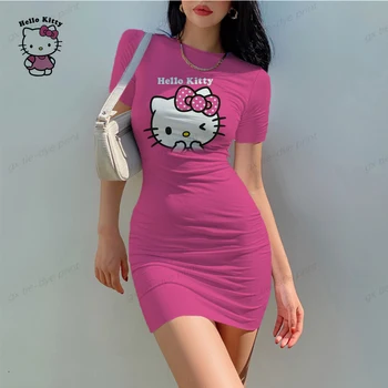 Облегающее платье миди на бретелях с принтом Hello Kitty в стиле бохо с коротким рукавом и круглым вырезом, приталенная юбка с рисунком из мультфильма 