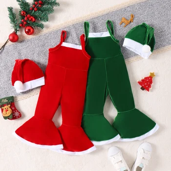Одежда для новорожденных, рождественский костюм для девочек, ползунки без рукавов, расклешенные штаны, Комплект шапки Санта-Клауса, зимний комплект детской одежды