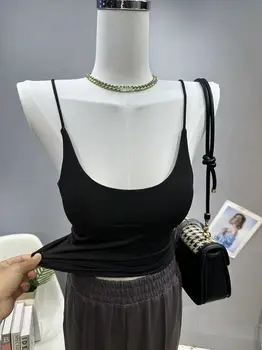 Оптовая продажа, женский камзол на тонких бретелях в корейском стиле с нагрудными накладками, жилет с низким воротником, топы без рукавов, сексуальные однотонные майки INS