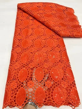 Оранжевая Африканская гипюровая кружевная ткань 2023 г. Высококачественное водорастворимое кружево с пайетками для пошива женских платьев в африканском стиле
