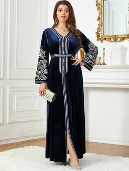 Осенне-зимнее бархатное мусульманское платье для женщин, вышивка Абайя, раздельный подол, Марокко, вечернее платье, Кафтан, Турция, Арабский Длинный халат, толстый