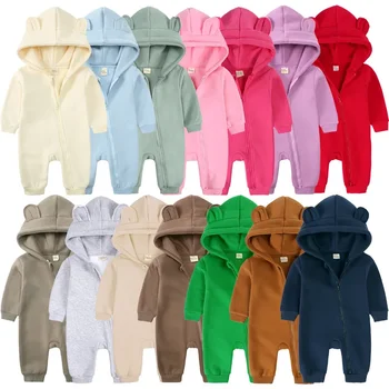 Осенне-зимний детский комбинезон для мальчиков и девочек, милые ушки, детская одежда с капюшоном и длинными рукавами, однотонная утепленная одежда для новорожденных, одежда для маленьких девочек