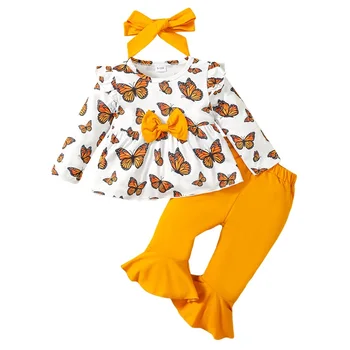 Осенне-зимняя одежда из 3 предметов для маленьких девочек, топы с длинными рукавами и оборками, комплект брюк с бабочкой и повязкой на голову