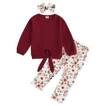 Осенние наряды для маленьких девочек, топы с длинными рукавами и цветочным рисунком, штаны с вырезами на завязках, милая повязка на голову, комплект одежды