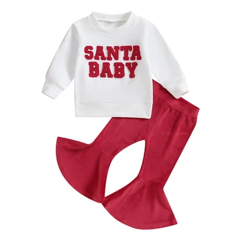 Осенние наряды для маленьких девочек, толстовки с круглым вырезом и буквенным принтом, красные расклешенные брюки, комплект рождественской одежды из 2 предметов
