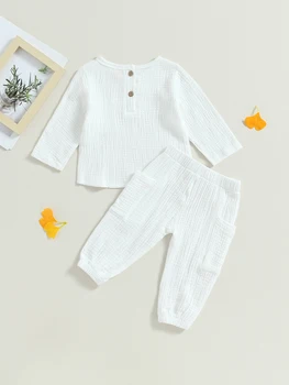 Очаровательный муслиновый комбинезон для мальчика с льняной рубашкой с длинным рукавом и брюками-пузырями - стильный и удобный осенний наряд для детей