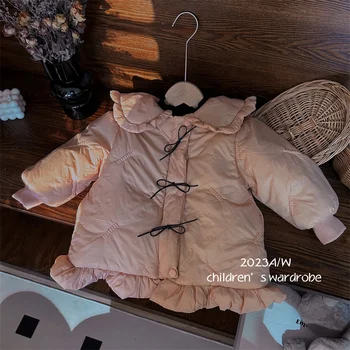 Пальто для девочек, зимняя хлопковая ветровка 2023, розовая теплая плюс бархат, утолщенная высококачественная детская одежда