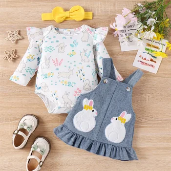 Пасхальный наряд для новорожденной девочки, комбинезон с принтом Кролика и юбка на подтяжках, мой первый Пасхальный наряд