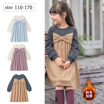 Платье для девочек 2023, Осенне-зимняя новая детская одежда, японский утолщенный бант, милое иностранное платье с длинными рукавами