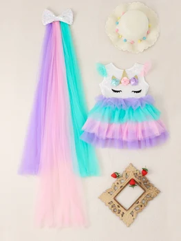 Платье принцессы для девочек на Хэллоуин, платье с единорогом, сетчатое платье с блестками, детское платье для подиума, платье Помпадур + вуаль, комплект из двух предметов