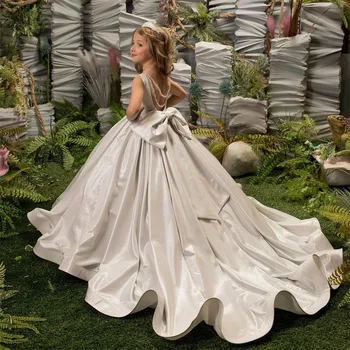 Платья для Первого Причастия, Пышные Серебристые платья без рукавов с бантом для девочек-цветочниц на свадьбу, День рождения принцессы в 2023 году