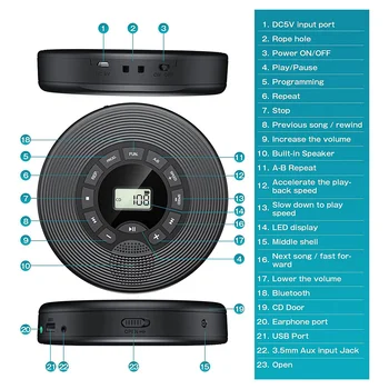 Портативный видеоплеер для автомобиля Bluetooth CD-плеер Музыкальный плеер Функция памяти Аудиодинамик Поддерживает воспроизведение MP3 AUX