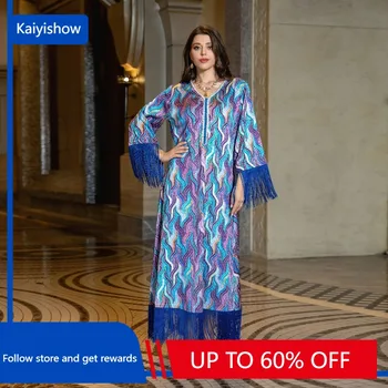 Праздничное Платье с Цветочным Принтом Eid Jalabiya для Женщин Abaya Vestidos С Кисточками И Длинным Рукавом Eid Мусульманские Платья Ramadan Abayas Kaftan 2023