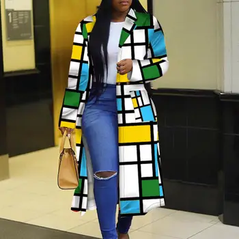 Привлекательная женская куртка, женское африканское пальто, цветной блок, клетчатый блок, пуговицы на лацканах пальто