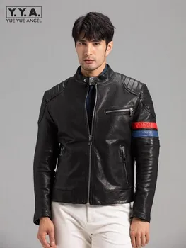 Приталенная мужская мотоциклетная куртка из натуральной кожи из овчины, высококачественная повседневная Короткая куртка в стиле панк на молнии с длинным рукавом и воротником-стойкой