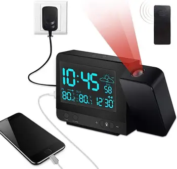 Проекционный будильник, цифровые часы-проектор с внутренним / наружным термометром-гигрометром, USB-зарядным устройством и питанием от сети переменного тока и аккумулятора