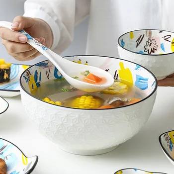 Простая керамическая посуда подглазурного цвета в скандинавском стиле, 8 дюймов, Креативный рельеф, Домашняя Еда, Общественная Миска, Большая Миска для супа
