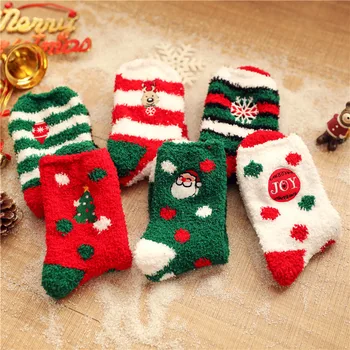 Рождественские носки из кораллового флиса, Милые женские носки в полоску от Санта-Клауса, Зимние толстые Теплые Пушистые Домашние носки для сна, Новогодние подарки