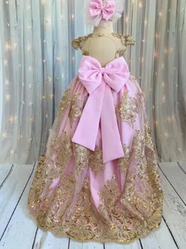 Розовое платье с большим бантом для девочки в цветочек, Платье Принцессы с коротким рукавом на День рождения, Платье для Первого причастия