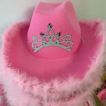 Розовые ковбойские шляпы, тиара в западном стиле для женщин, кепка рыцаря-ковбоя, представление, вечеринка в стиле Вестерн, день рождения, фетровые шляпы в рулонах