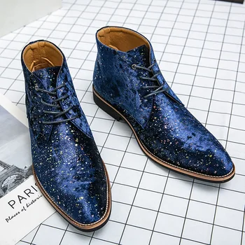Роскошные мужские модные ботинки с синими блестками, Кожаные ботинки 