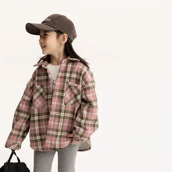 Рубашка для девочек, детский кардиган, детская одежда, плюс флисовая рубашка, осенне-зимняя Детская толстая рубашка в Корейскую клетку, классное пальто-рубашка