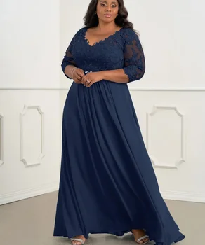 Темно-синее платье Lorencia для матери невесты Элегантное Шифоновое платье с длинными рукавами и аппликациями, кружевные платья для свадебной вечеринки, пояс со стразами YMD22