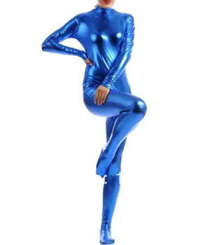 Темно-синий женский костюм Зентай в обтяжку с блестящим металликом