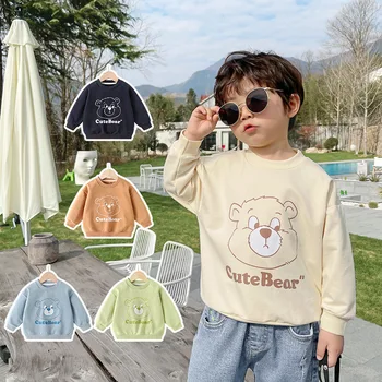 Топы с длинными рукавами, осенние футболки с рисунком милого Медведя для мальчиков и девочек, детская одежда, хлопковая однотонная тонкая повседневная одежда для детей
