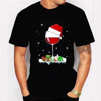 Трендовые топы, мужская футболка с рождественским винным принтом, повседневная базовая рубашка с круглым воротником, женская футболка с коротким рукавом