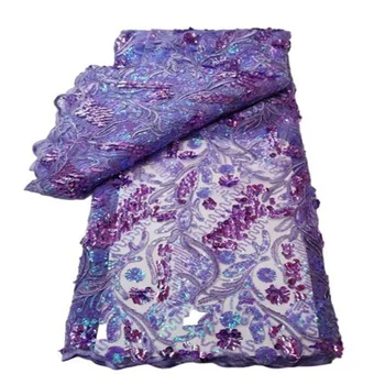 Фиолетовая сетчатая кружевная ткань в Нигерийском стиле, кружевная ткань с Африканскими блестками, высококачественная Французская сетчатая тюлевая кружевная ткань с блестками