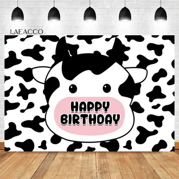 Фон для дня рождения с принтом коровы из мультфильма Laeacco Черно-белый Фон для портретной фотографии на день рождения детей на коровьей ферме
