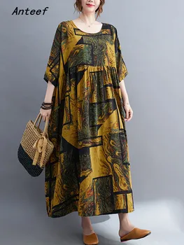 хлопковые винтажные платья с цветочным узором большого размера с коротким рукавом для женщин, повседневное свободное длинное летнее платье, элегантная одежда 2023