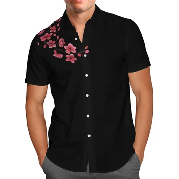 Черная мужская рубашка с рисунком цветущей сливы, Гавайский пляжный отдых, Дышащая рубашка с коротким рукавом и лацканами, однотонная тонкая мужская рубашка