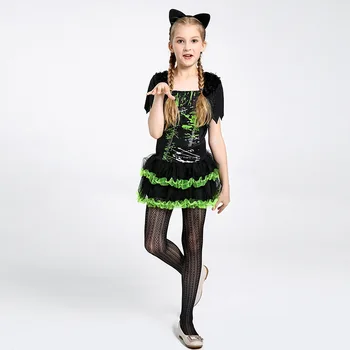 Черно-зеленое сетчатое платье принцессы кошки для выступлений на сцене, детский костюм для косплея на Хэллоуин, Рождество, День рождения для девочек