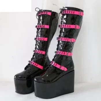 Черно-Розовые Ботинки в стиле Панк С Заклепками спереди, Женская Обувь на платформе и высоком Каблуке со шнуровкой, Мода 2023 года, Новинка, Zapatos Para Mujere