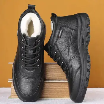 Черные мужские зимние ботинки, Новая толстая хлопчатобумажная обувь, удобные уличные мужские зимние ботинки из нескользящей кожи на резиновой подошве, сохраняющие тепло, обувь