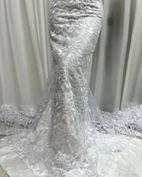 Чистый белый тюль с пайетками, африканская кружевная ткань, 5 ярдов, Дубайское французское роскошное кружевное шитье из бисера для свадебной вечеринки, платье