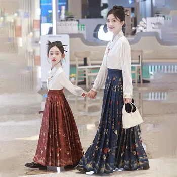 Юбка с лошадиной мордой, одежда для родителей и детей, осенний комплект детской одежды для девочек 2024 года, китайский стиль, древняя одежда с тысячью символов